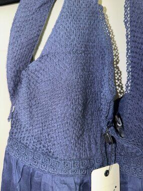 Very J Navy Halter Boho Midi Dress Lace Trim Smocked Waist NWT